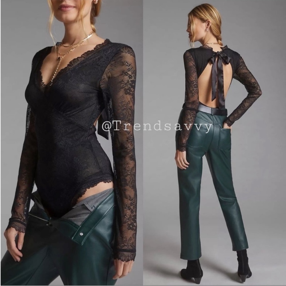 Anthropologie Black Floral Lace Open Back Bodysuit L NWT V Neck Bow Tie Top
